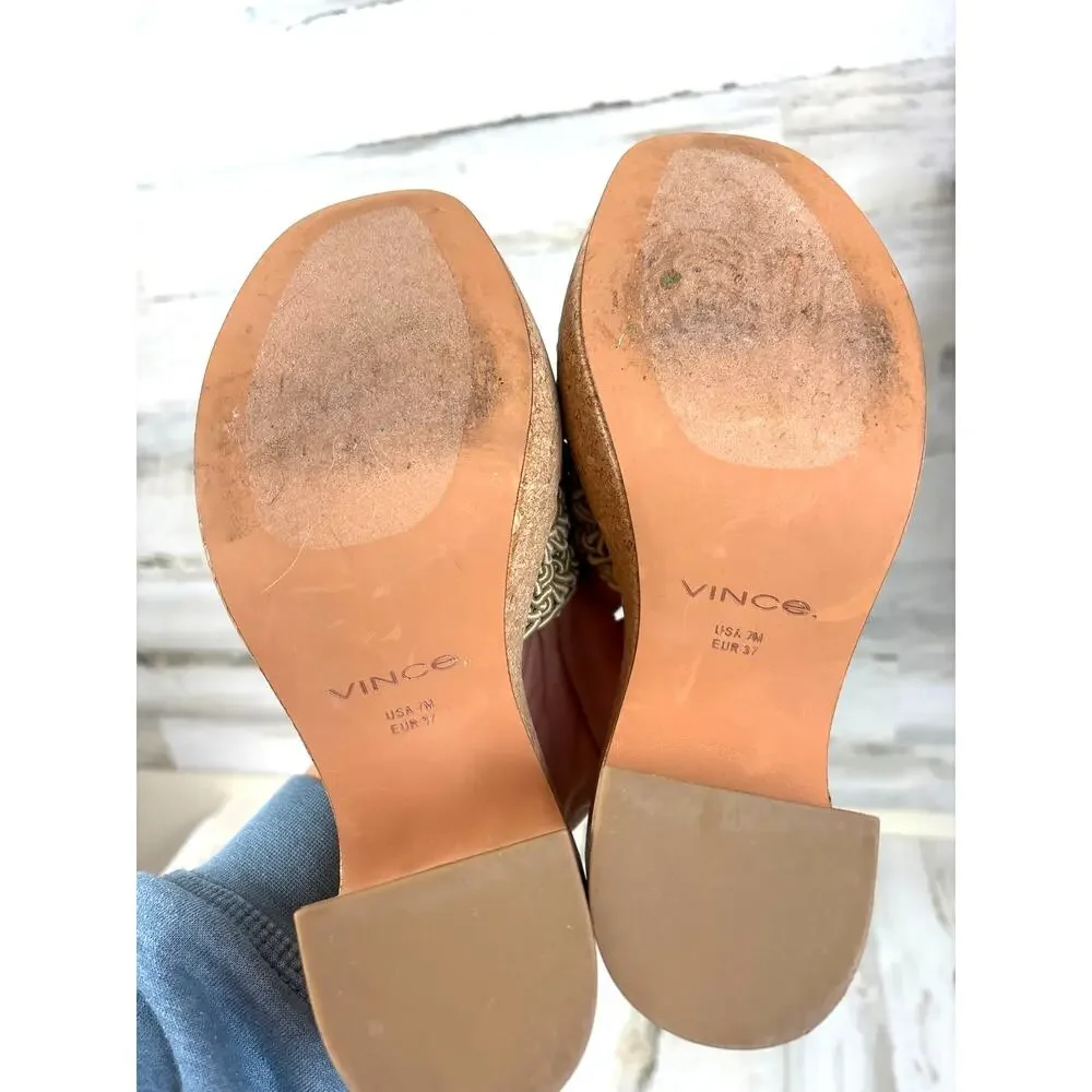 Vince Womens 7 Tan Nicki Crochet Knotted Cork Platform Slip On Heeled Sandals